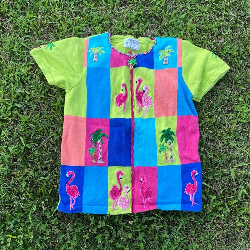 VTG Quaker Factory Embroidered Flamingo Coastal Grandma Knit Sweater small